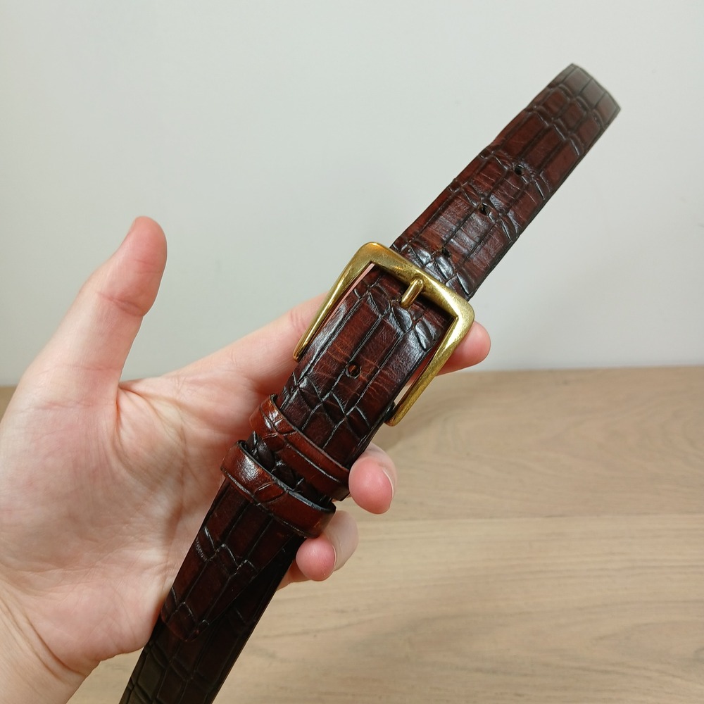 Belt Mens 38 Brown Leather Crocodile Embossed Brass Buckle USA Made